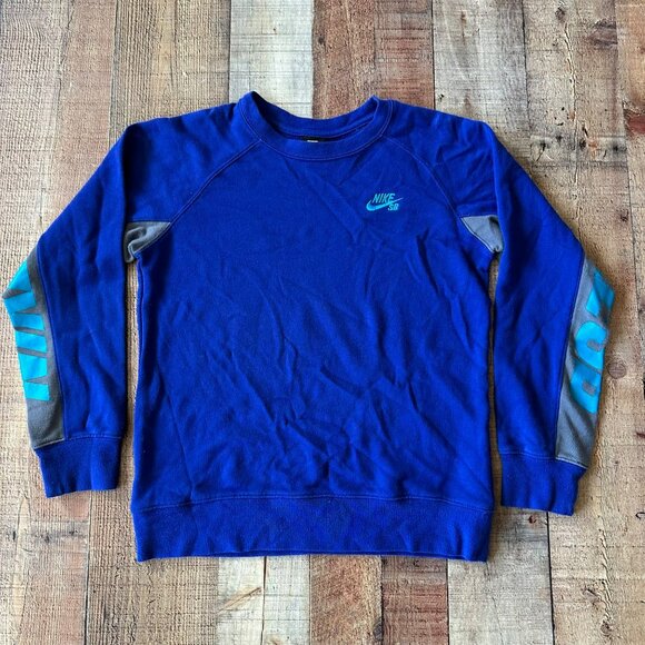 Vintage Nike SB Boys Size Large Blue Crewneck Pullover Sweatshirt Sleeve Logo - Picture 1 of 7
